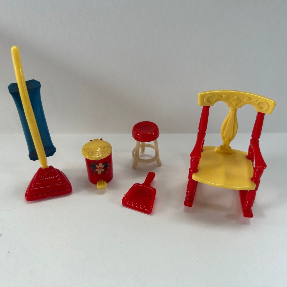 Vintage Renwal Dollhouse Furniture Lot Vacuum Rocking Chair Garbage Can Stool